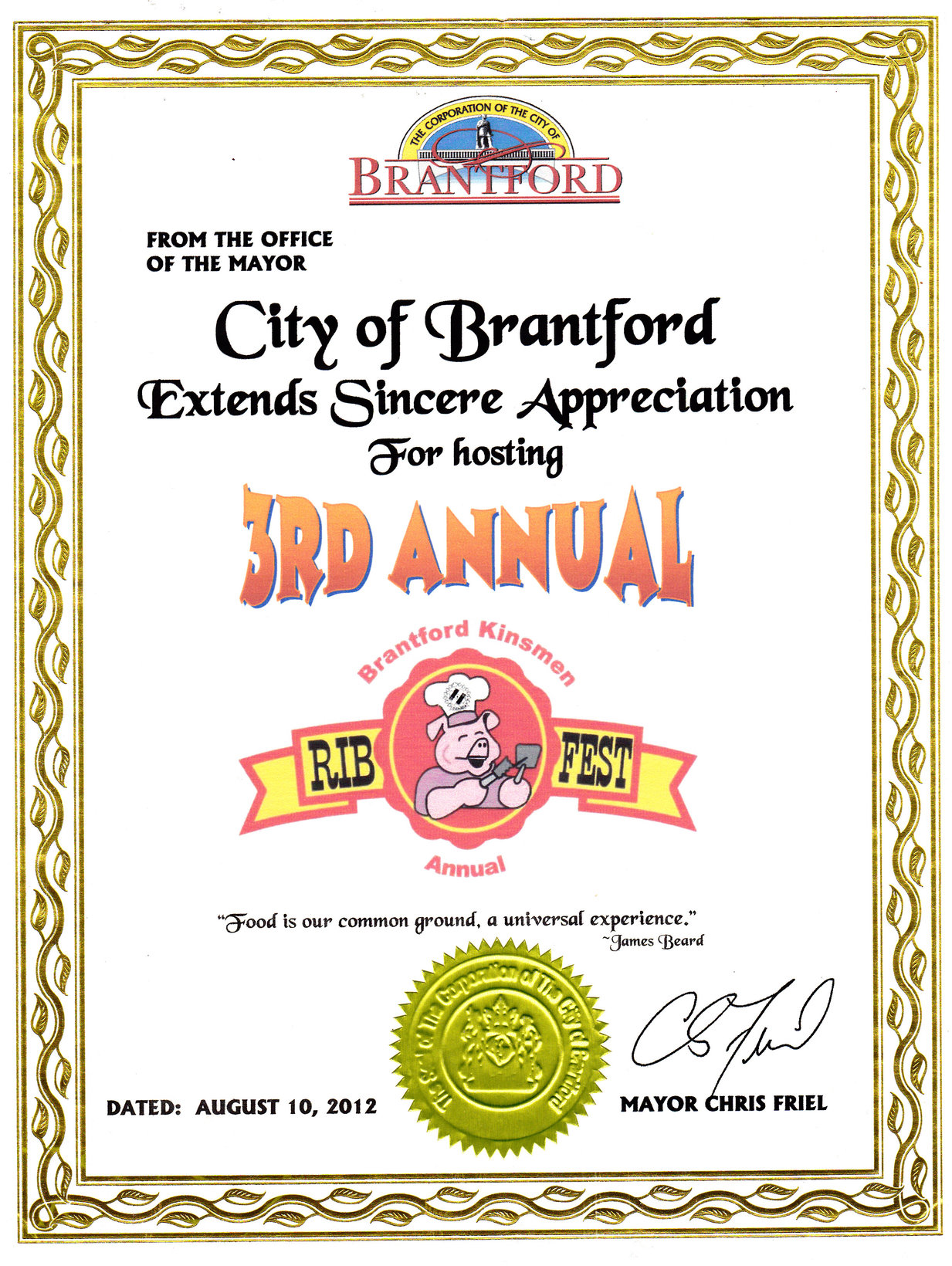 Chris Friel Brantford Ribfest Certificate