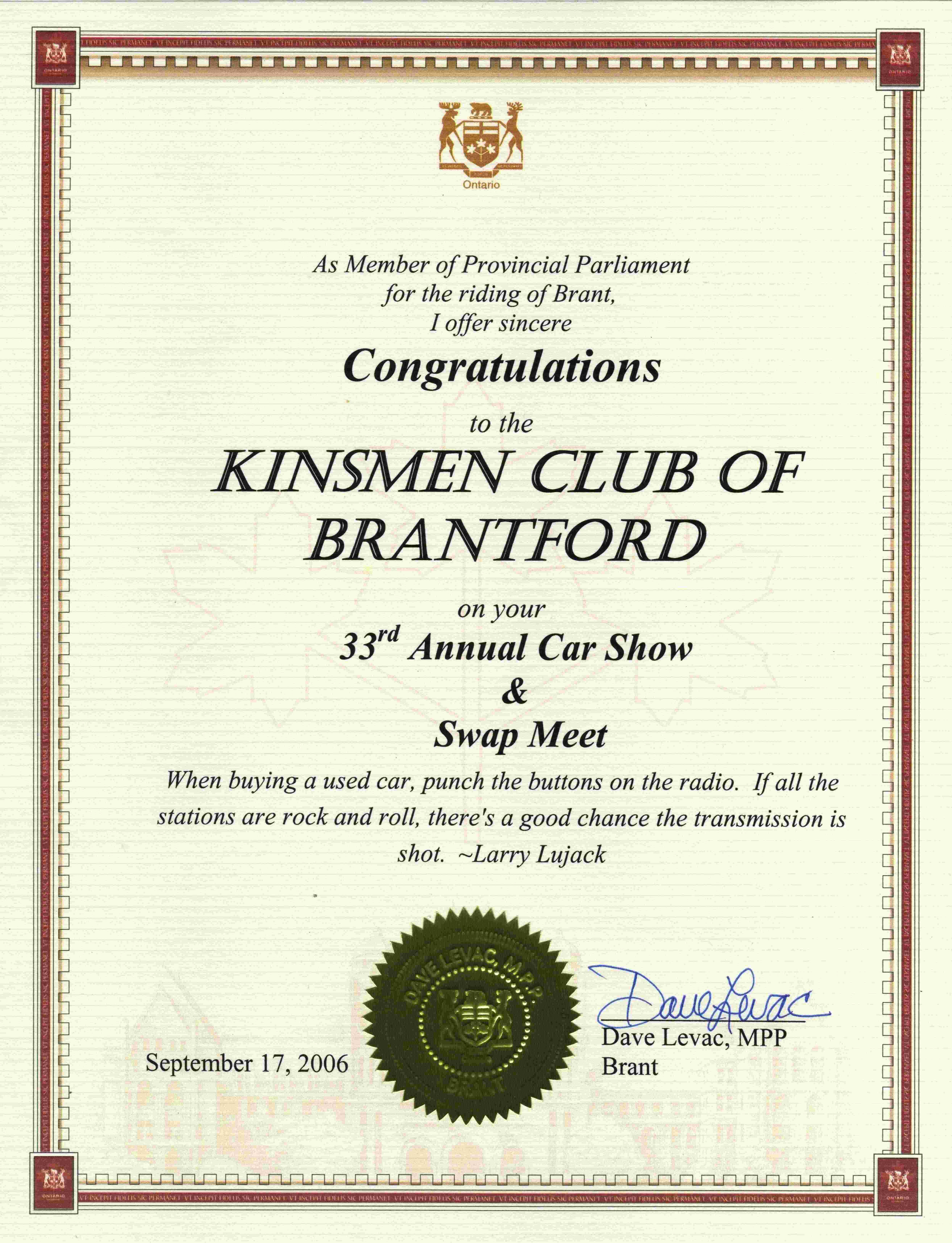 Dave Levac 33rd Car Show Certificate