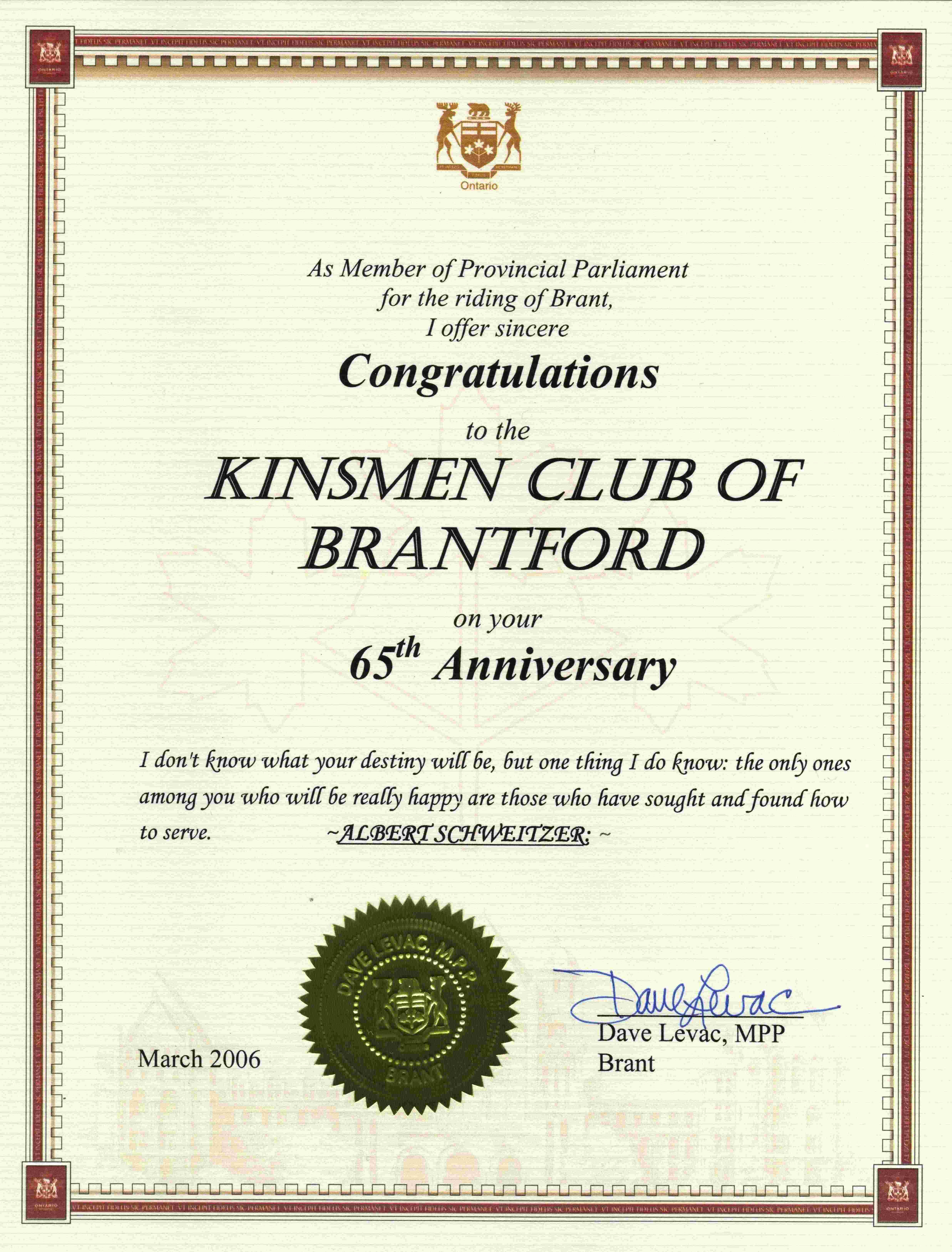 Dave Levac 65th Certificate