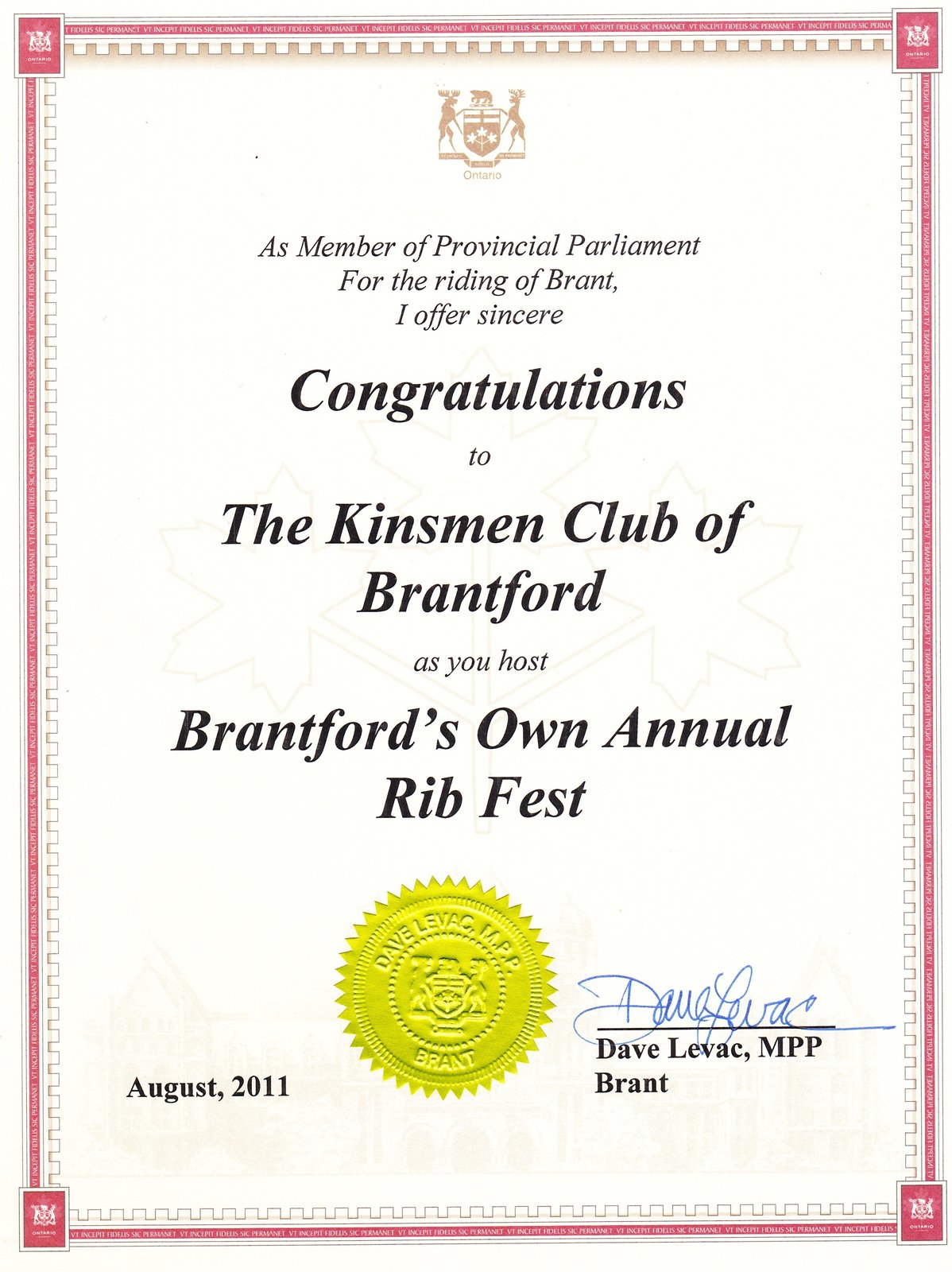 Dave Levac Brantford Ribfest Certificate