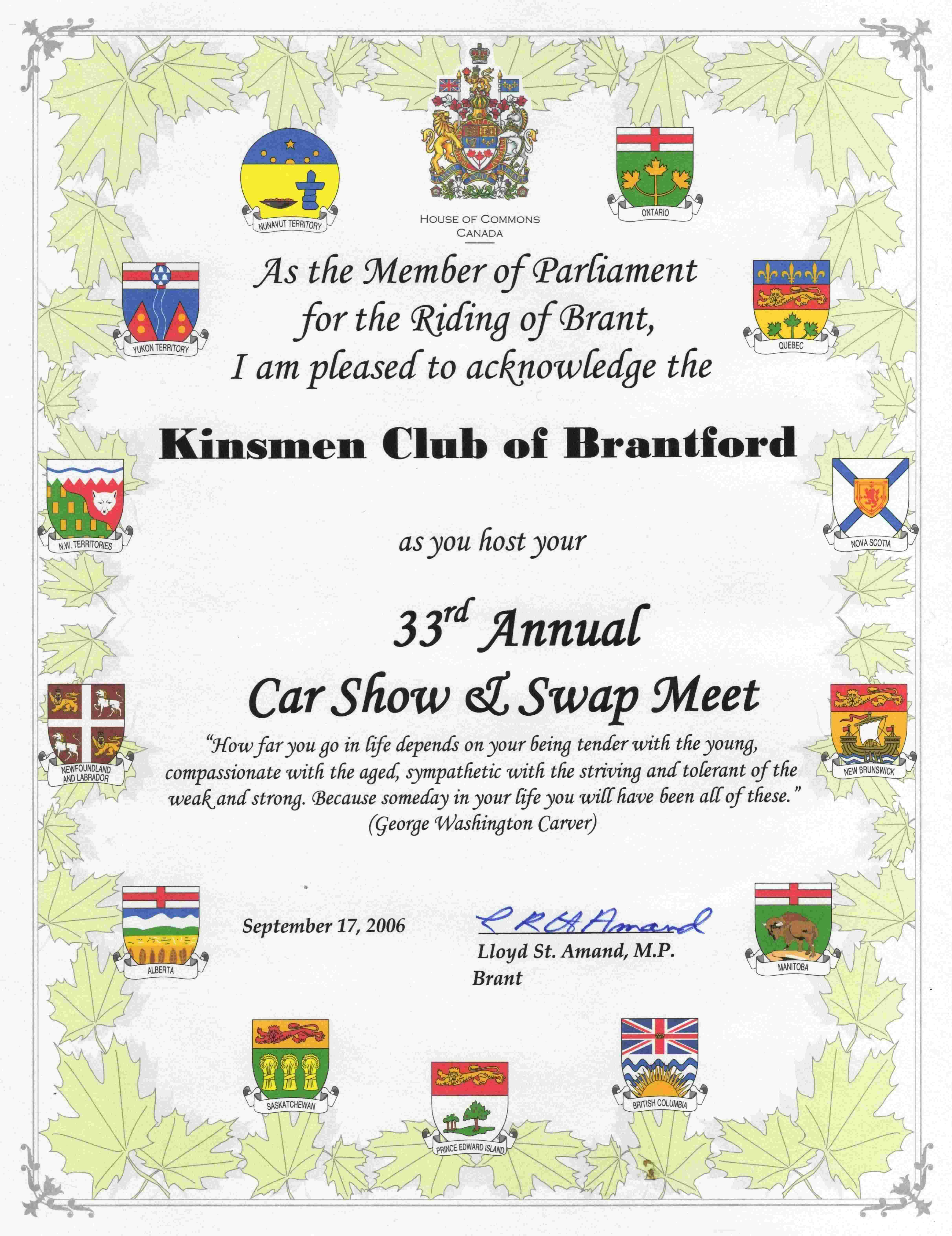 Certificate from Lloyd St. Amand for 33rd Car Show