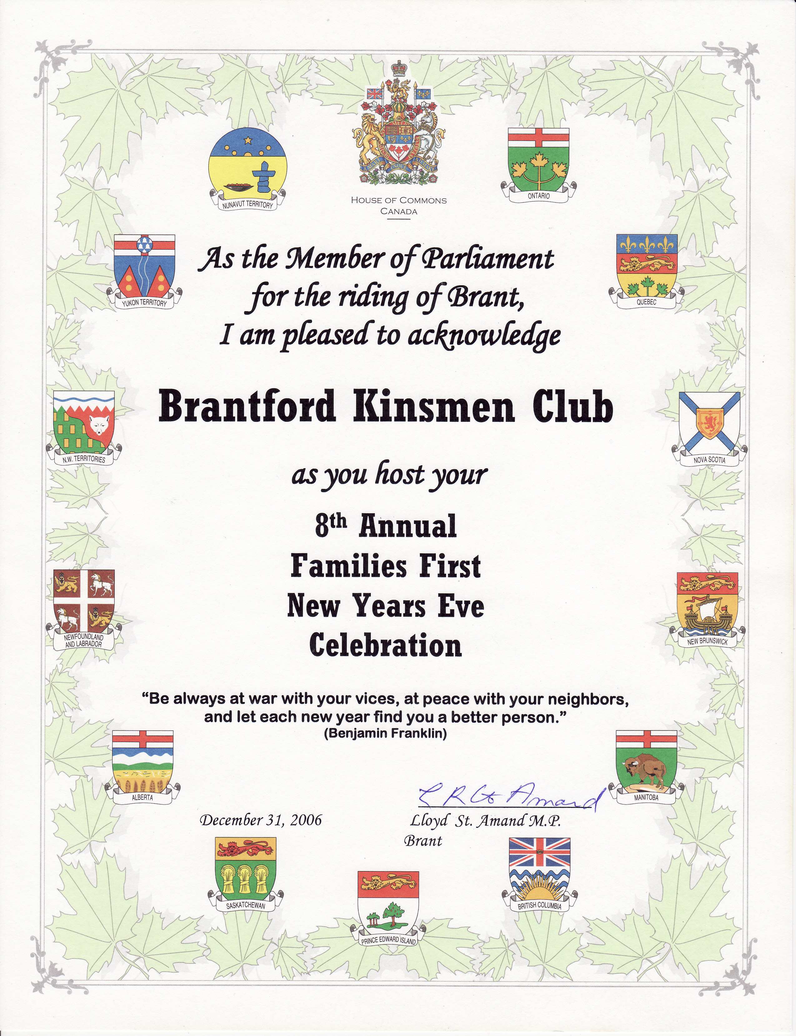 Certificate from Lloyd St. Amand for Families First New Years Eve Celebration