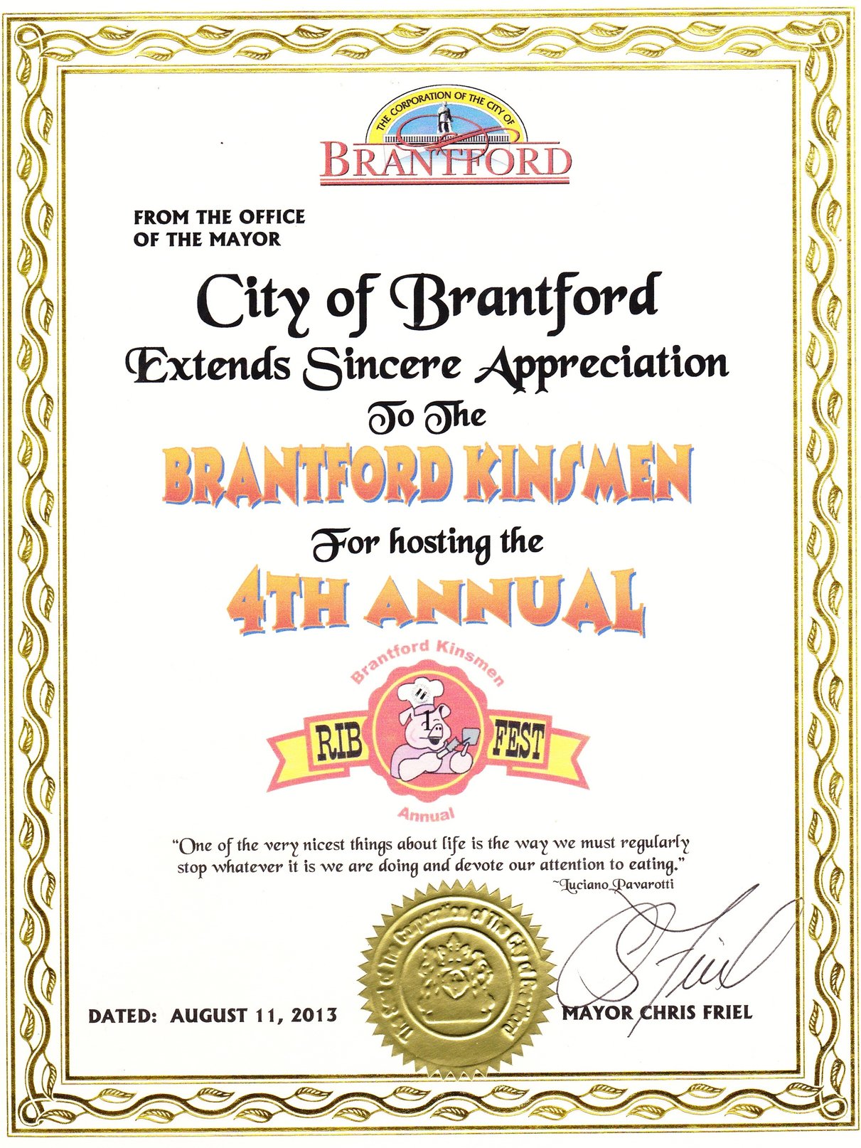 Chris Friel Brantford Ribfest Certificate